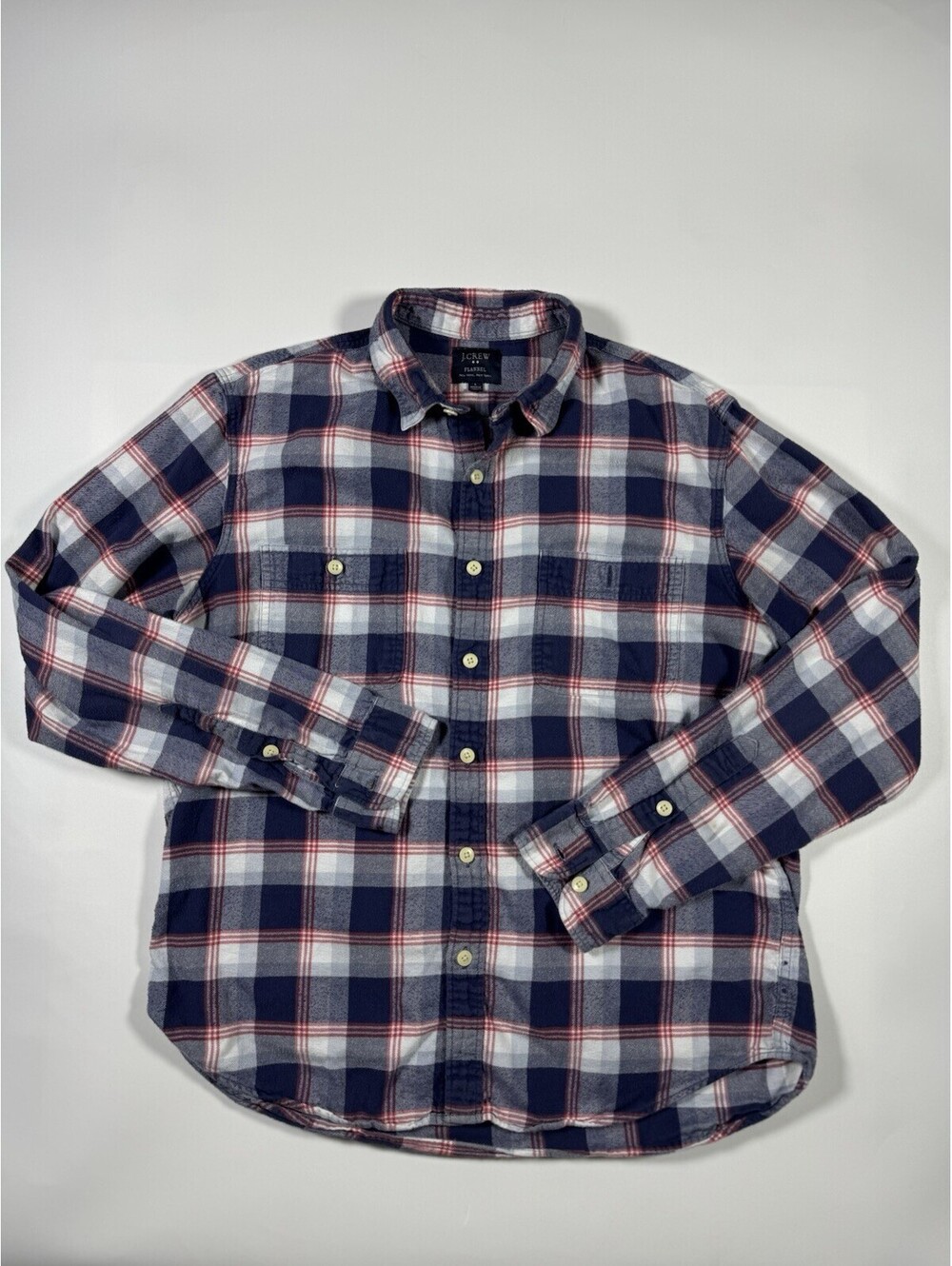 J.Crew Plaid Flannel Shirt Mens L Navy Blue Red Long Sleeve Button Down